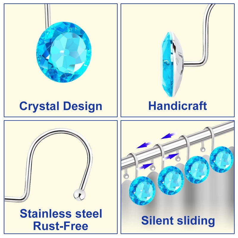 Yapicoco Shower Curtain Hooks Rings for Bathroom, 12PCS Stainless Steel Rust Resistant Decorative Rhinestones Shower Hangers for Curtains, Clothing, Towels, etc. (Aqua Blue) - Image 3